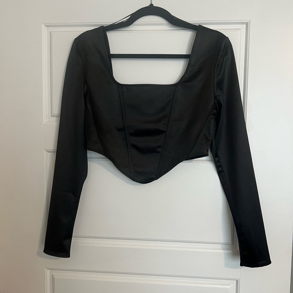 H&M size M black silky corset long sleeve crop top